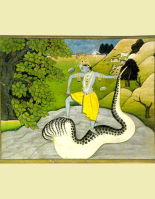 Krishna is subduing the serpent Kaliya